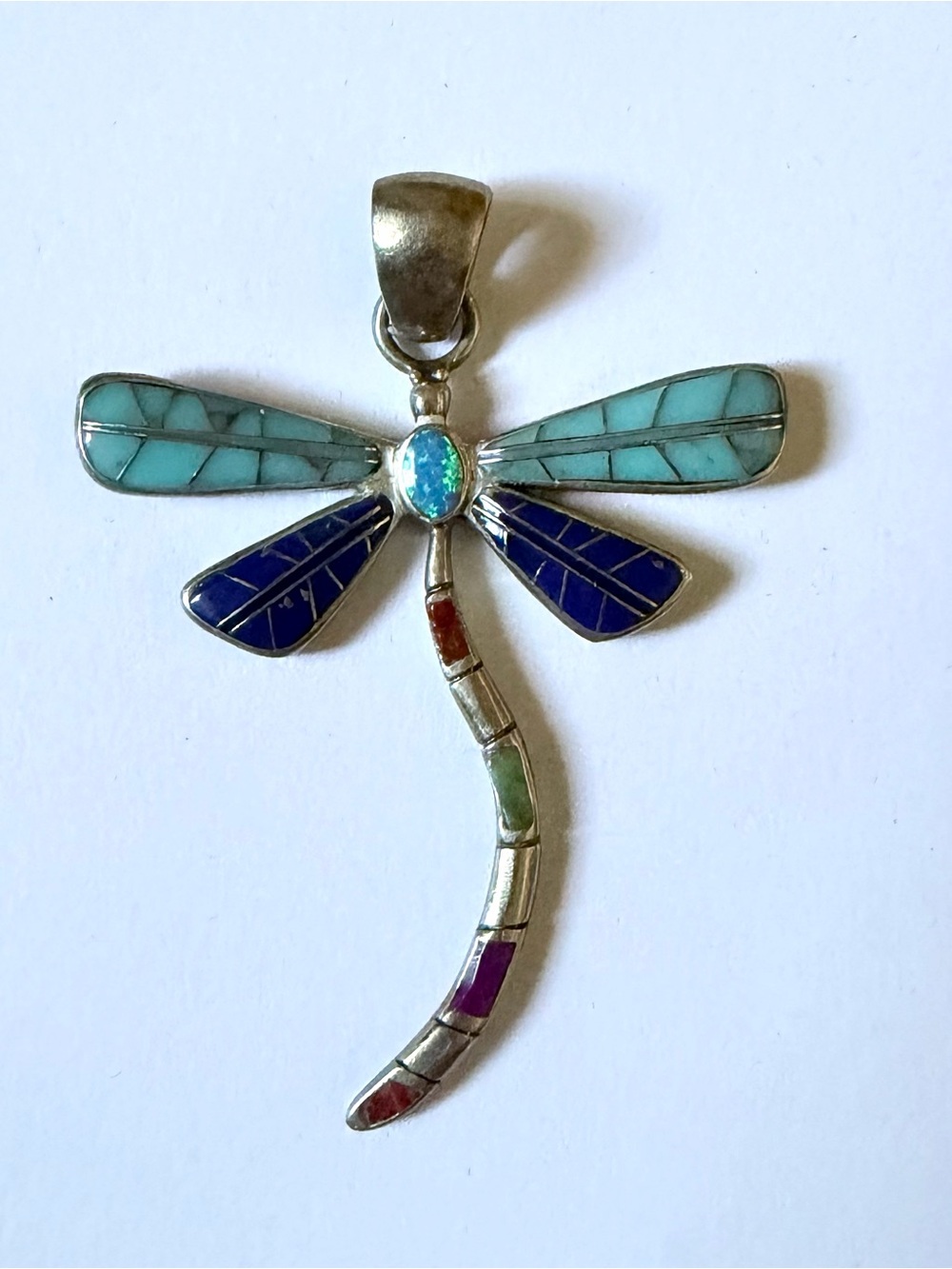 Turquoise, Sterling Silver & Opal Dragonfly Pendant, Multicolored Stones 2.5” H